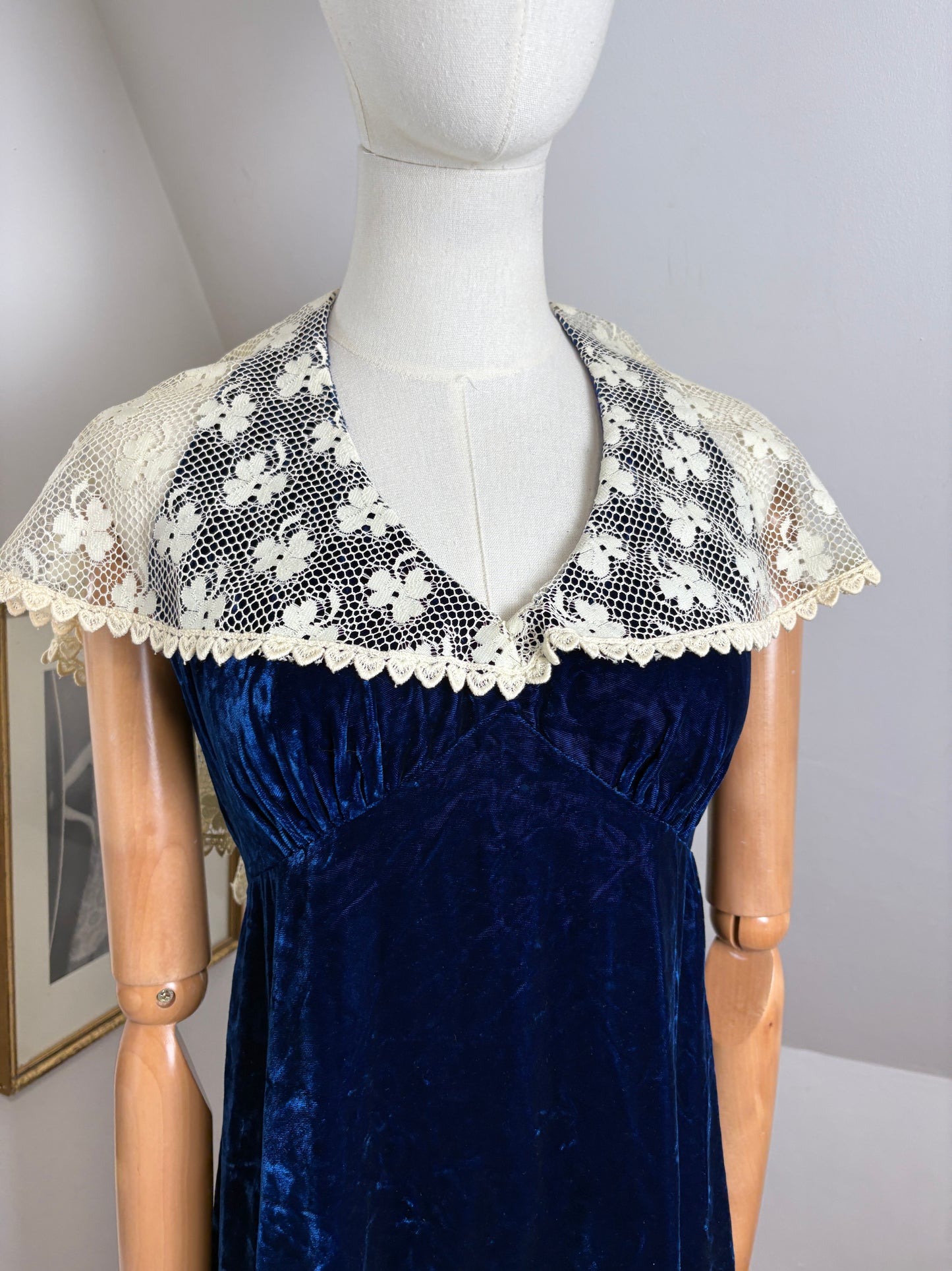 1970s Blue Velvet Gown With Lace Caplet