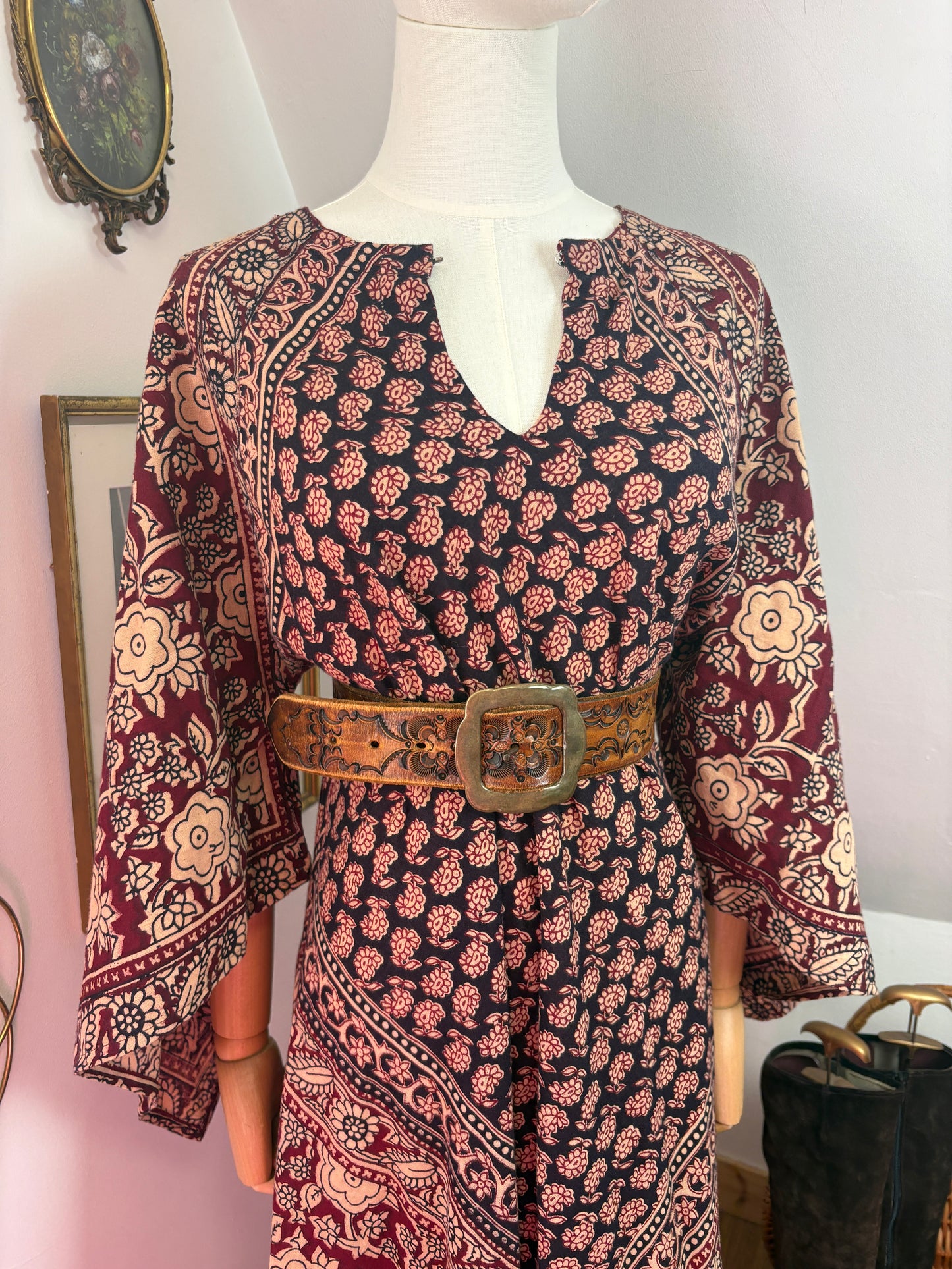 1970s Blockprint Caftan Dress
