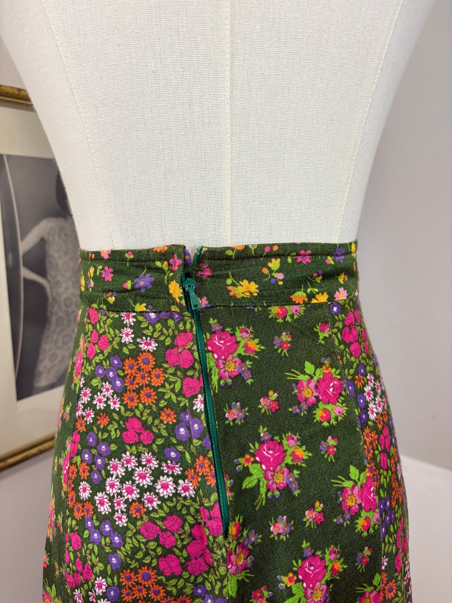 1970’s Floral Satin Skirt with Asymmetrical Trim