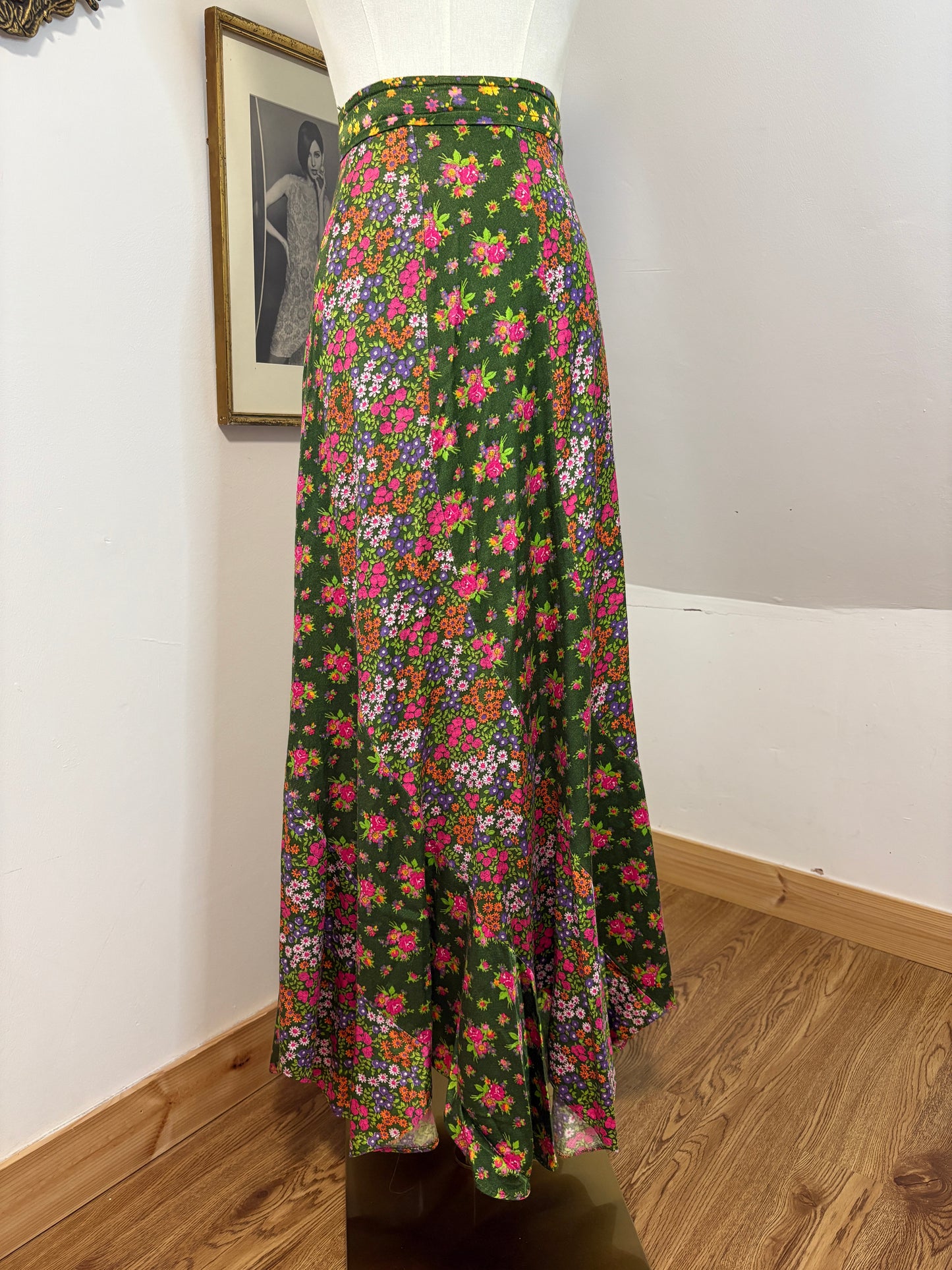 1970’s Floral Satin Skirt with Asymmetrical Trim