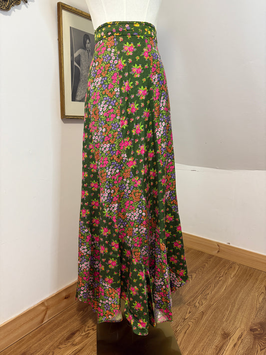 1970’s Floral Satin Skirt with Asymmetrical Trim