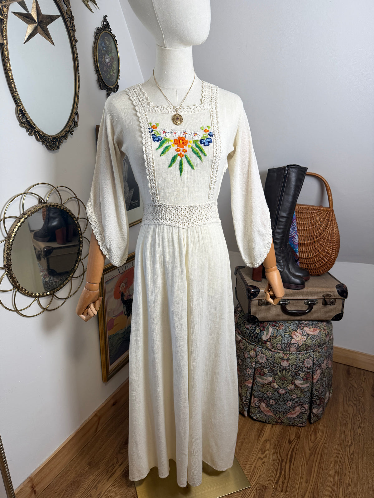 1970s Floral Cheesecloth Dress