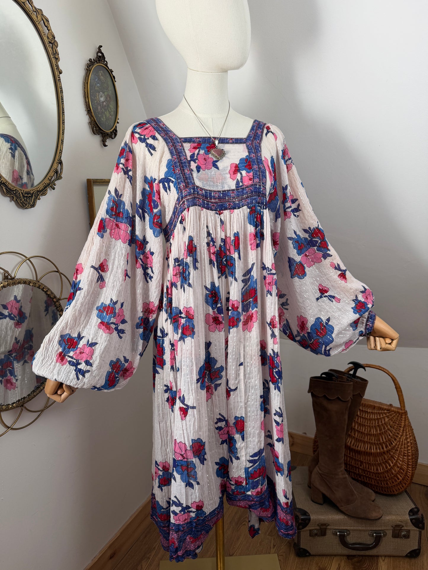 1970s White Lurex Indian Dress