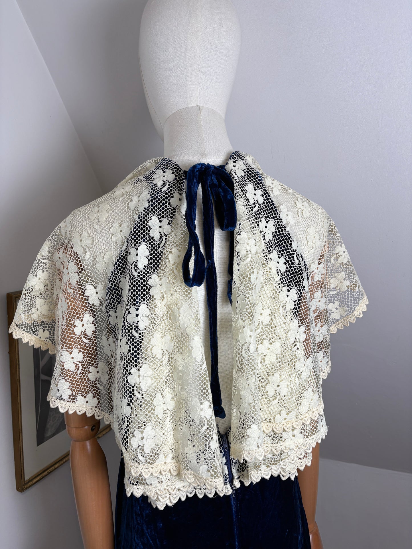 1970s Blue Velvet Gown With Lace Caplet