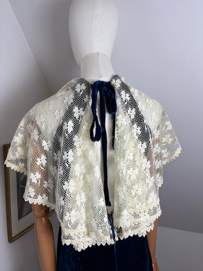 1970s Blue Velvet Gown With Lace Caplet