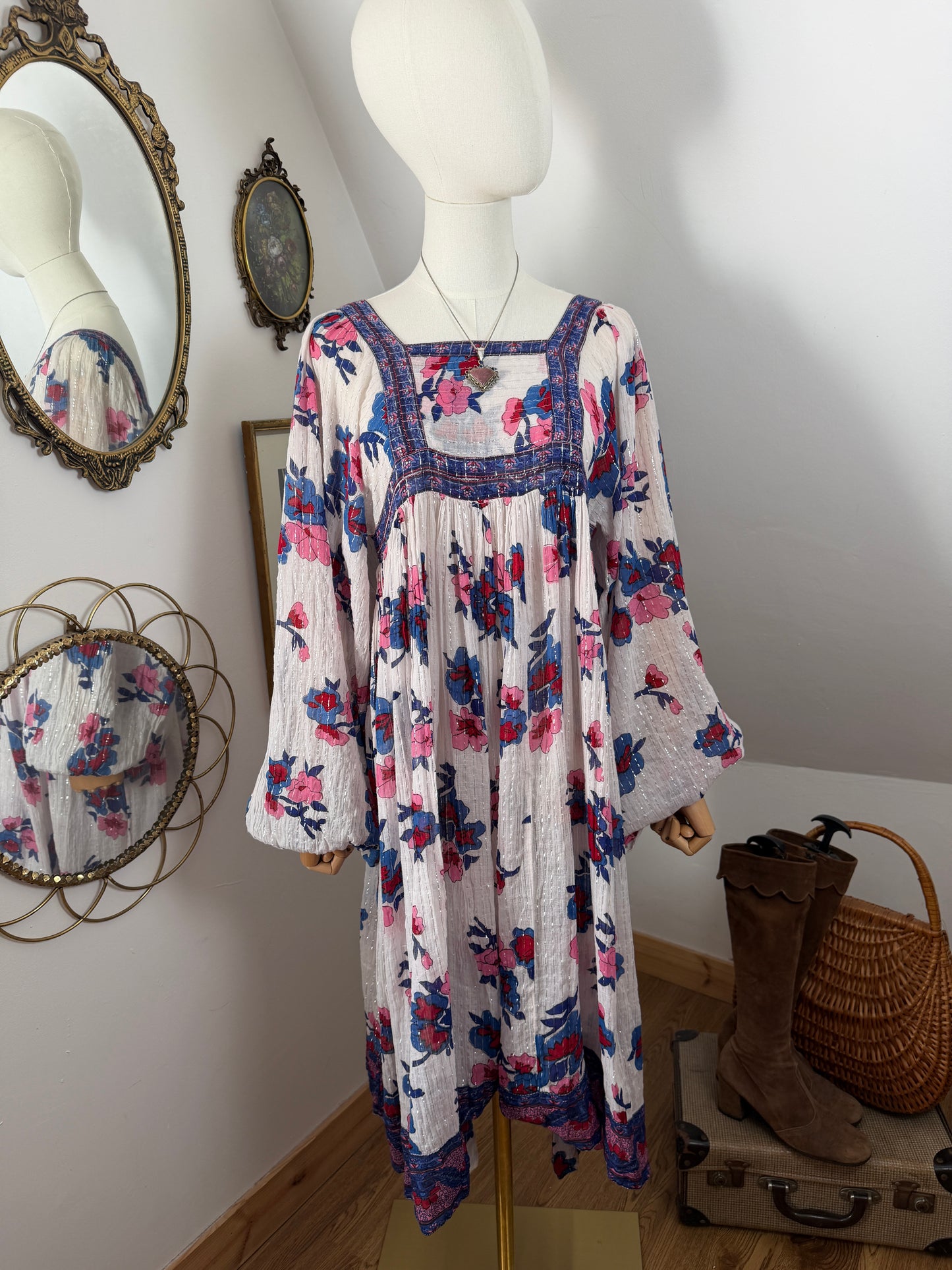 1970s White Lurex Indian Dress