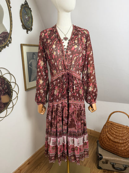 1970s ‘Peacock’ Indian Cotton Burgundy Dress