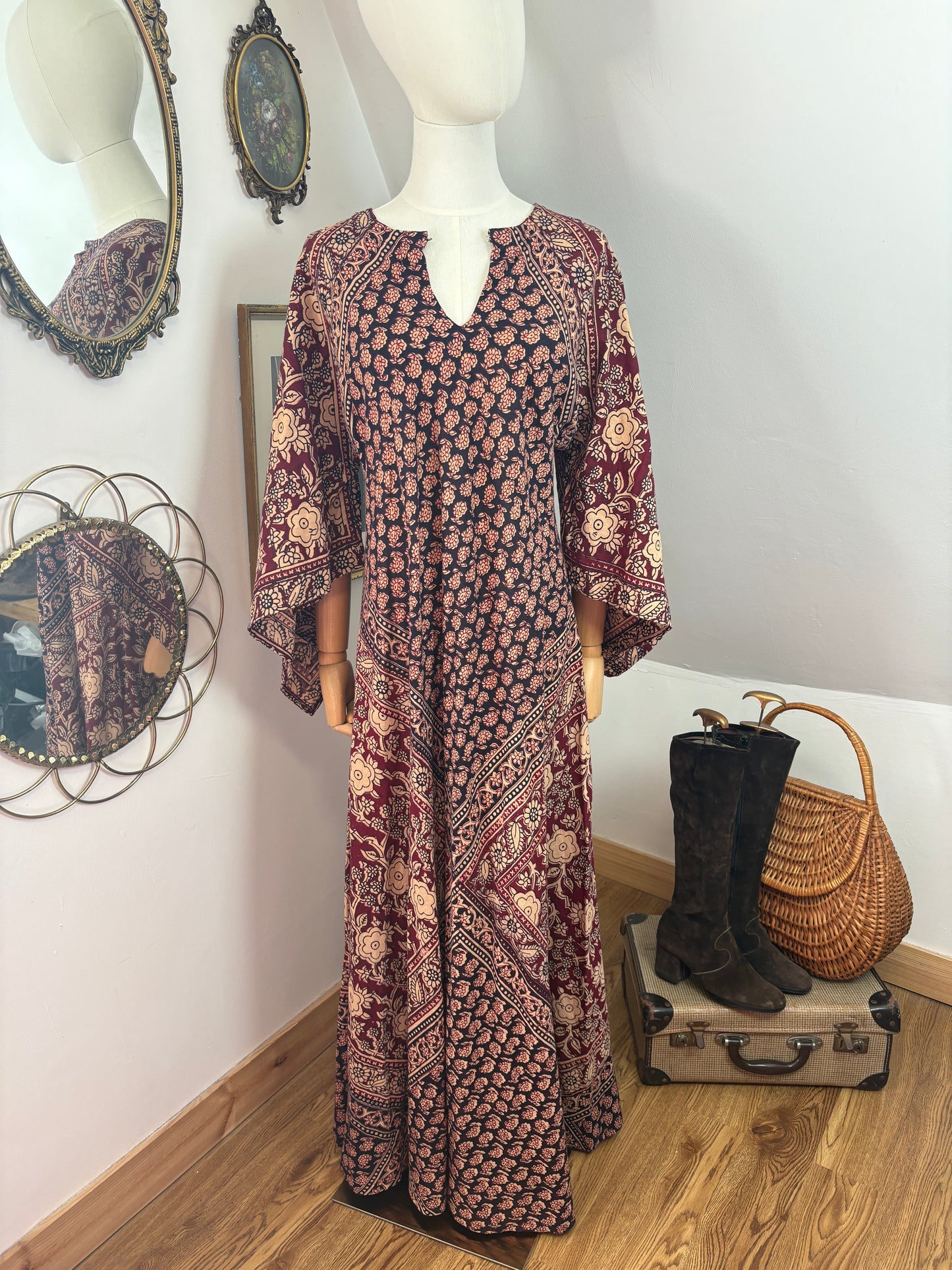 1970s Blockprint Caftan Dress