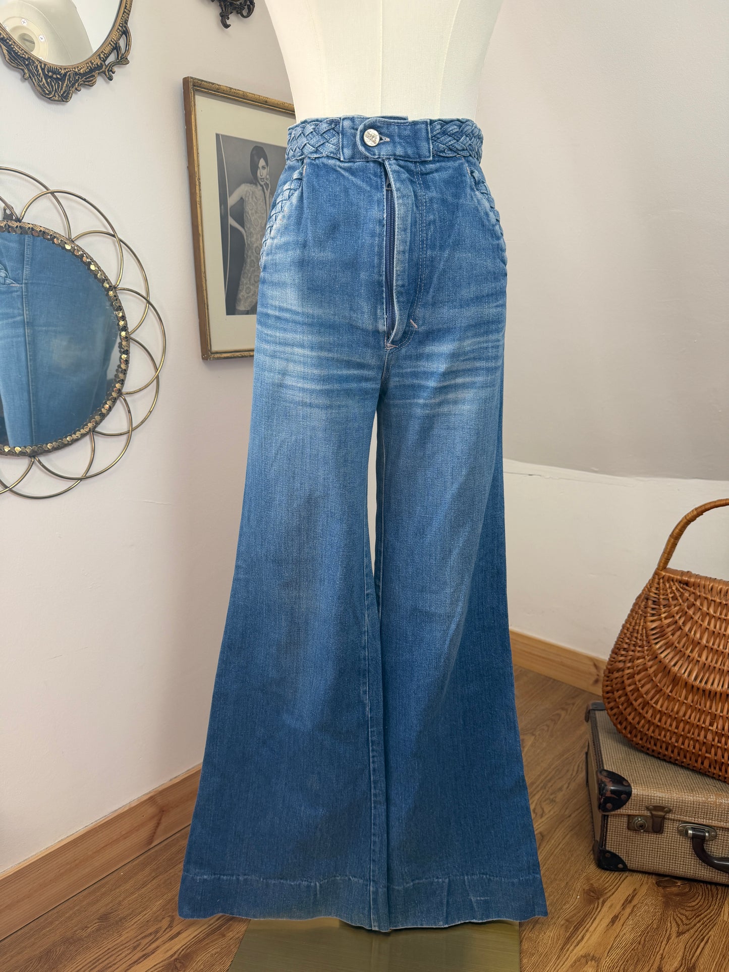 1970s Light Wash Braided Bellbottoms