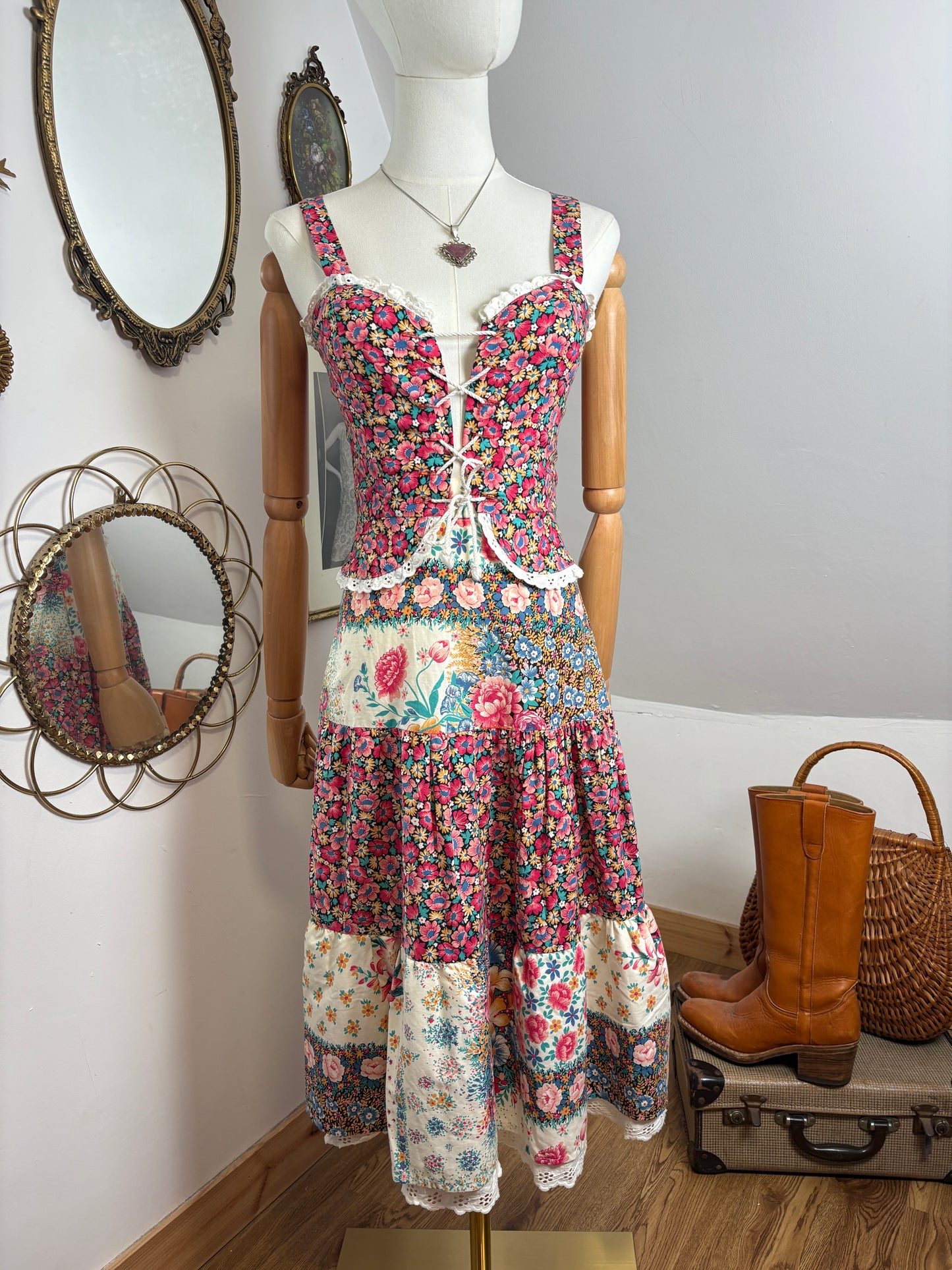 1970s Floral Corset Top & Skirt Set