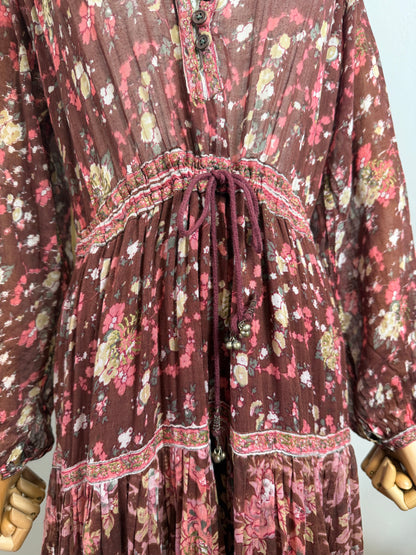 1970s ‘Peacock’ Indian Cotton Burgundy Dress