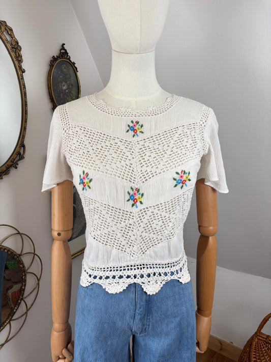 1970s Cheesecloth Crochet Top