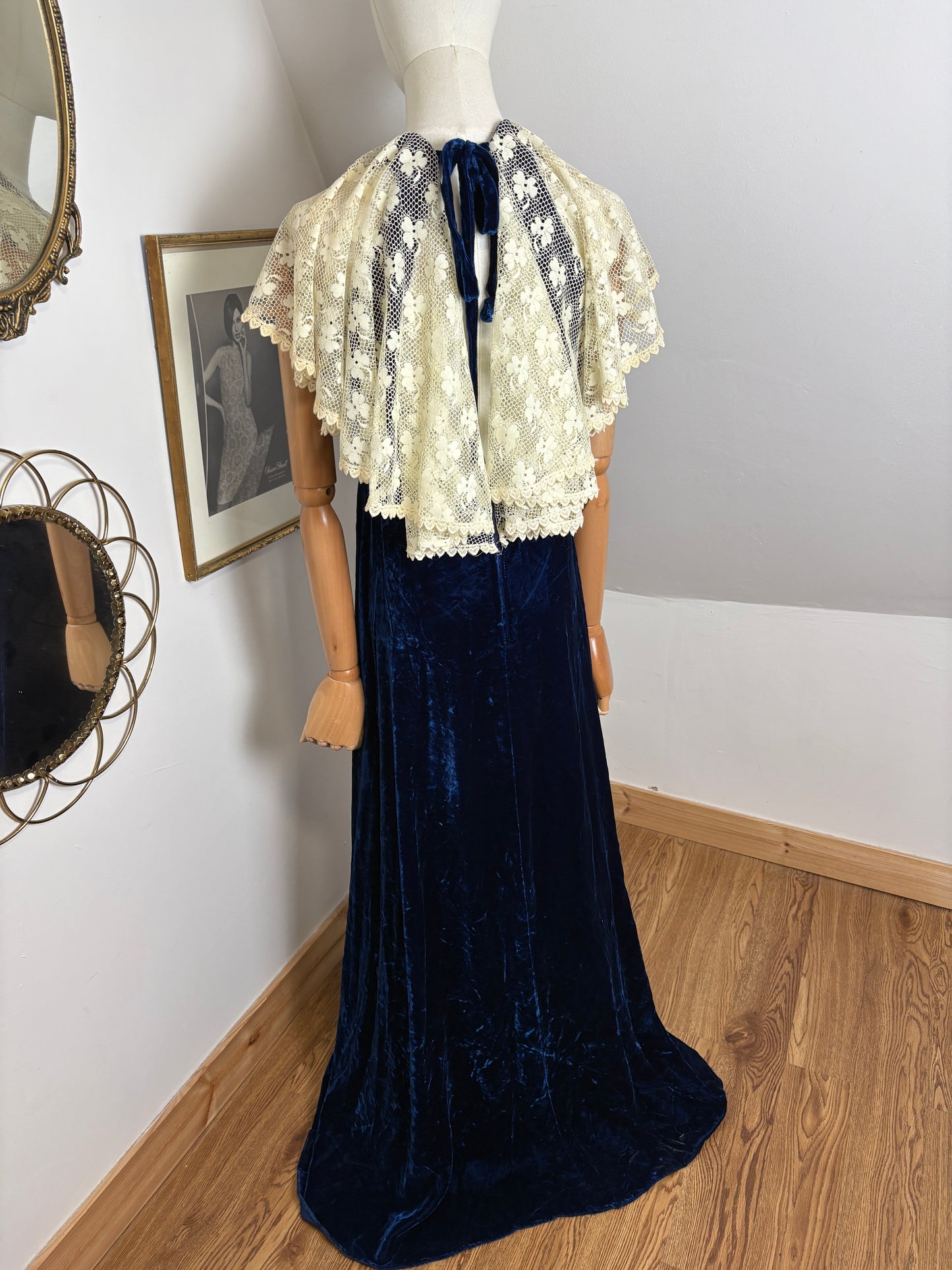 1970s Blue Velvet Gown With Lace Caplet