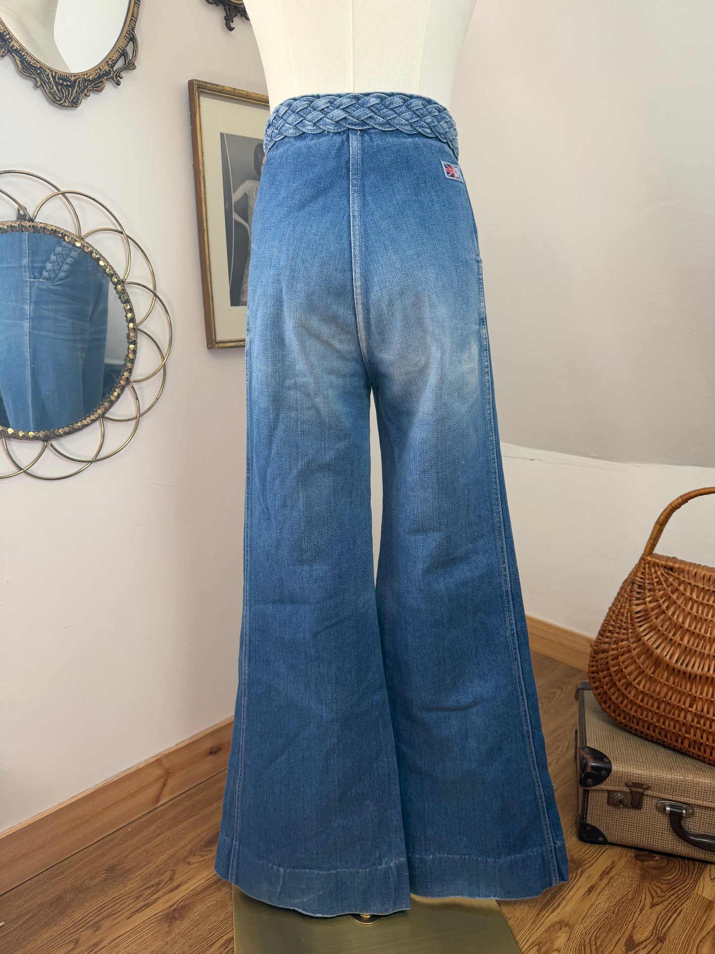 1970s Light Wash Braided Bellbottoms