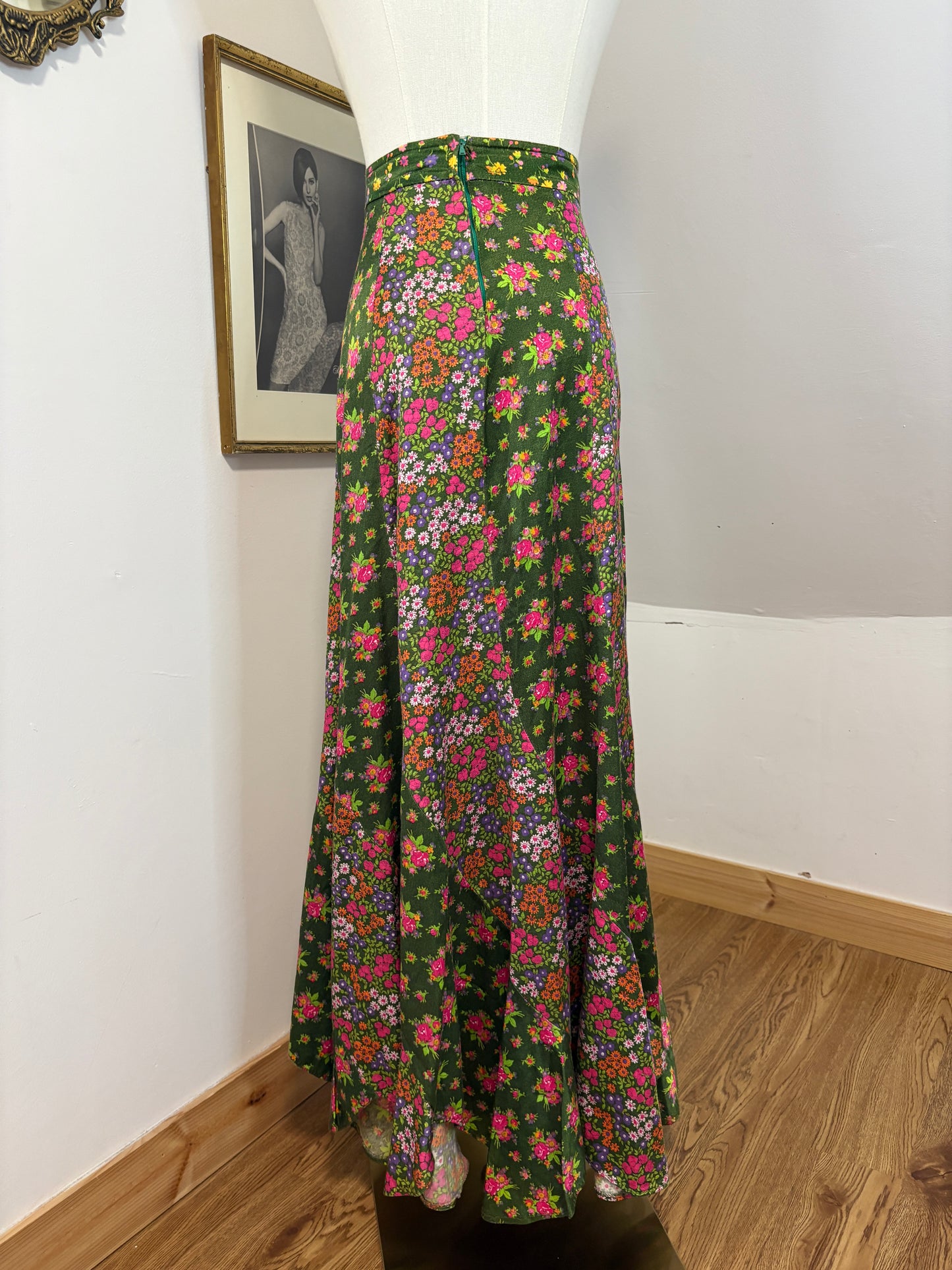 1970’s Floral Satin Skirt with Asymmetrical Trim
